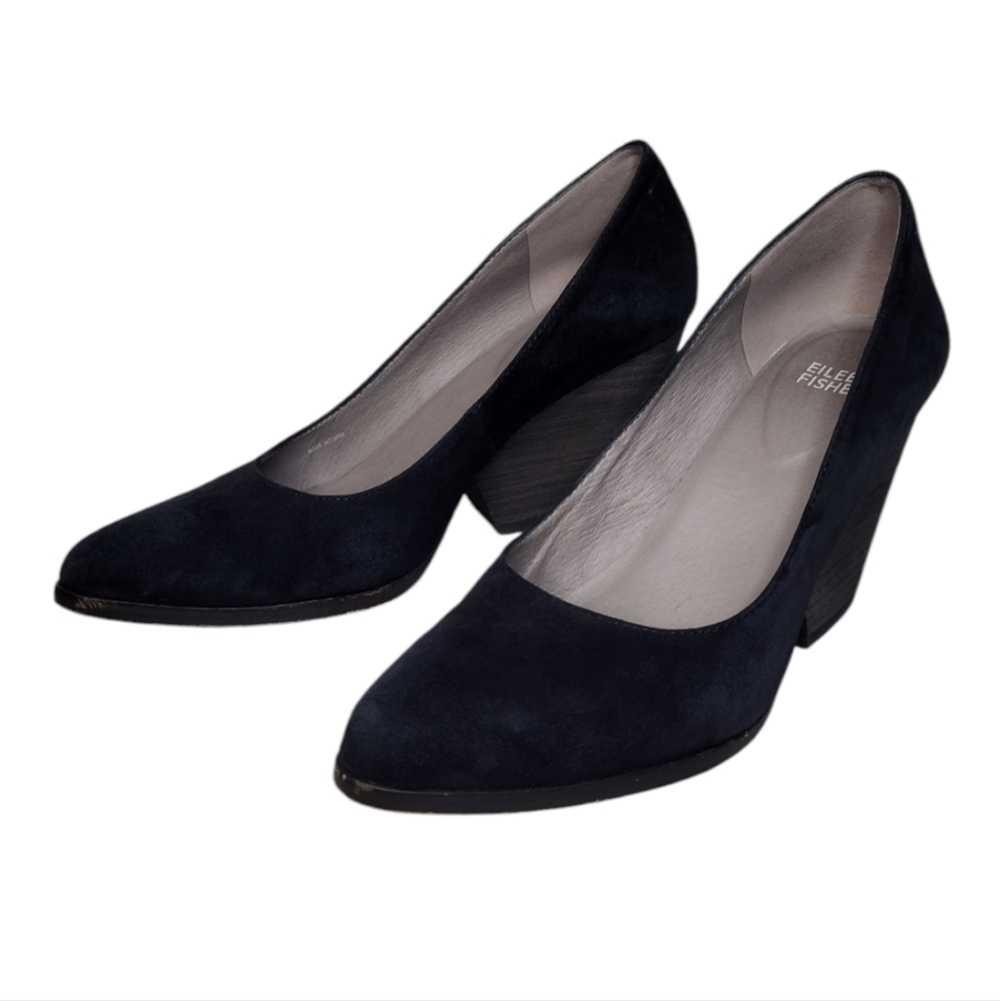 Eileen Fisher Hawk Suede Business Office Block Wedge Heel Pointed Toe Pumps 8.5